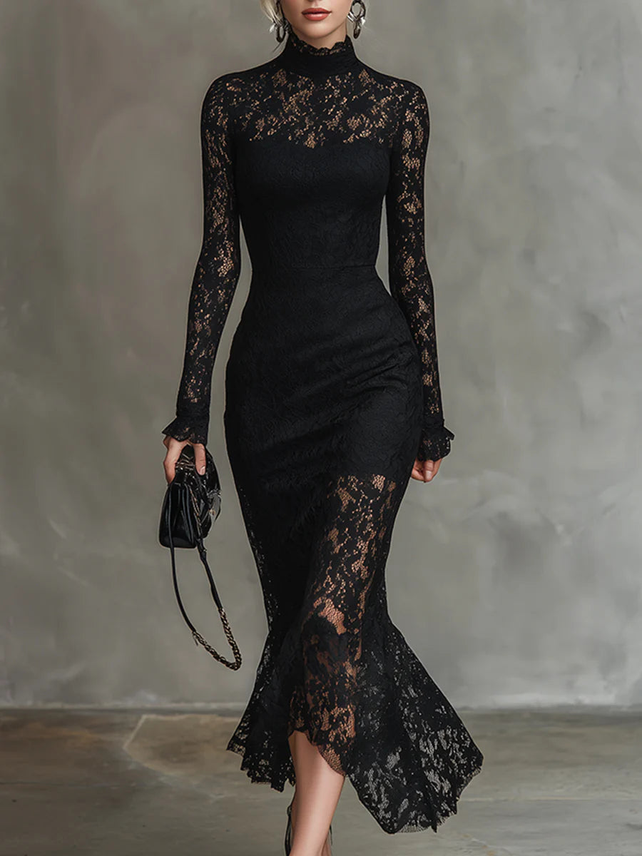 Elwira | Elegancka czarna sukienka maxi z koronką